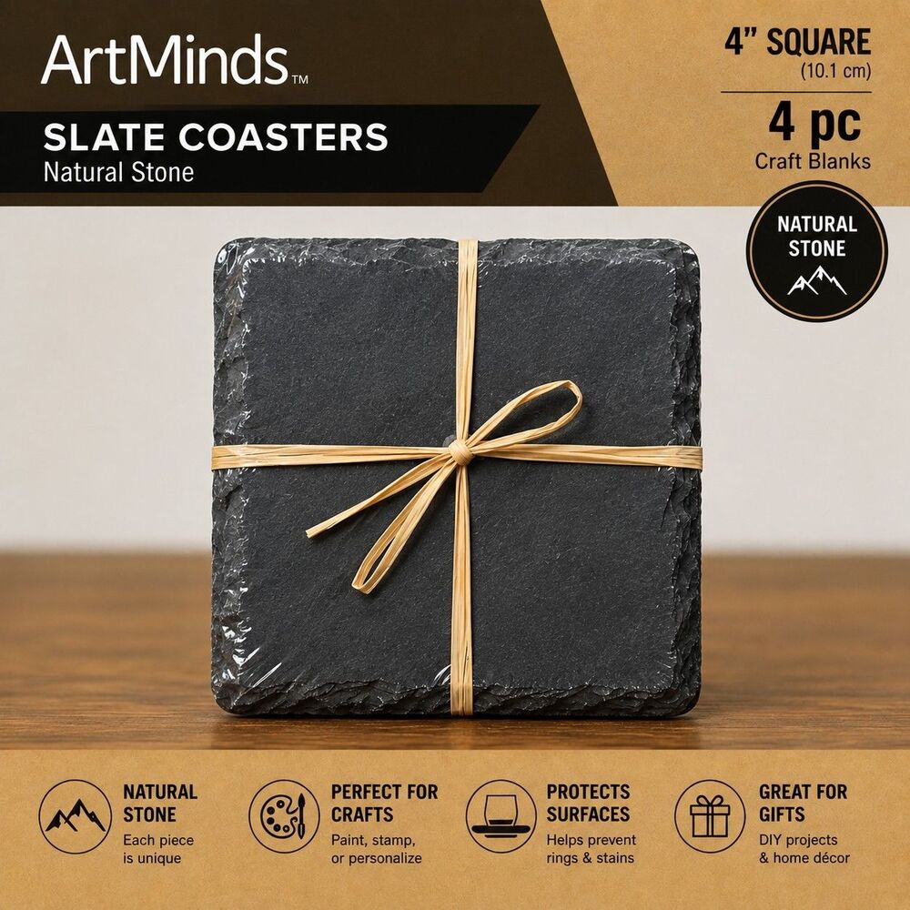 ArtMinds 4 Pc 4" Square Slate Coasters NEW Sealed Natural Stone Craft Blanks